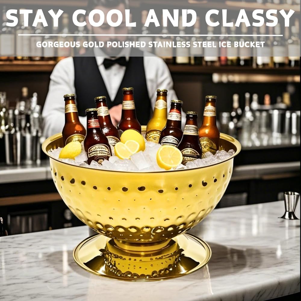 Luxurious Ice Bucket for Parties,Party Sized 12L Drink Cooler for Parties,Gold Stainless Steel Ultimate Champagne Bucket for Celebrations,Buckets for Drinks,Large Ice Bucket for Events