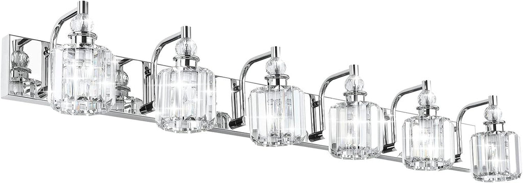 Ralbay Crystal Vanity Lights 6 Light 48' Modern Crystal Bathroom Lights Fixtures Over Long Mirror Stainless Steel Chrome Vanity Light for Bathroom Wall Lights Fixtures
