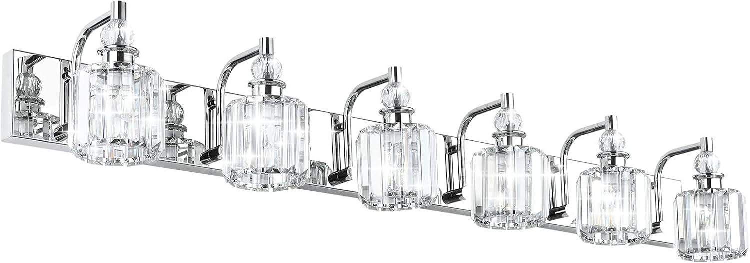 Ralbay Crystal Vanity Lights 6 Light 48' Modern Crystal Bathroom Lights Fixtures Over Long Mirror Stainless Steel Chrome Vanity Light for Bathroom Wall Lights Fixtures