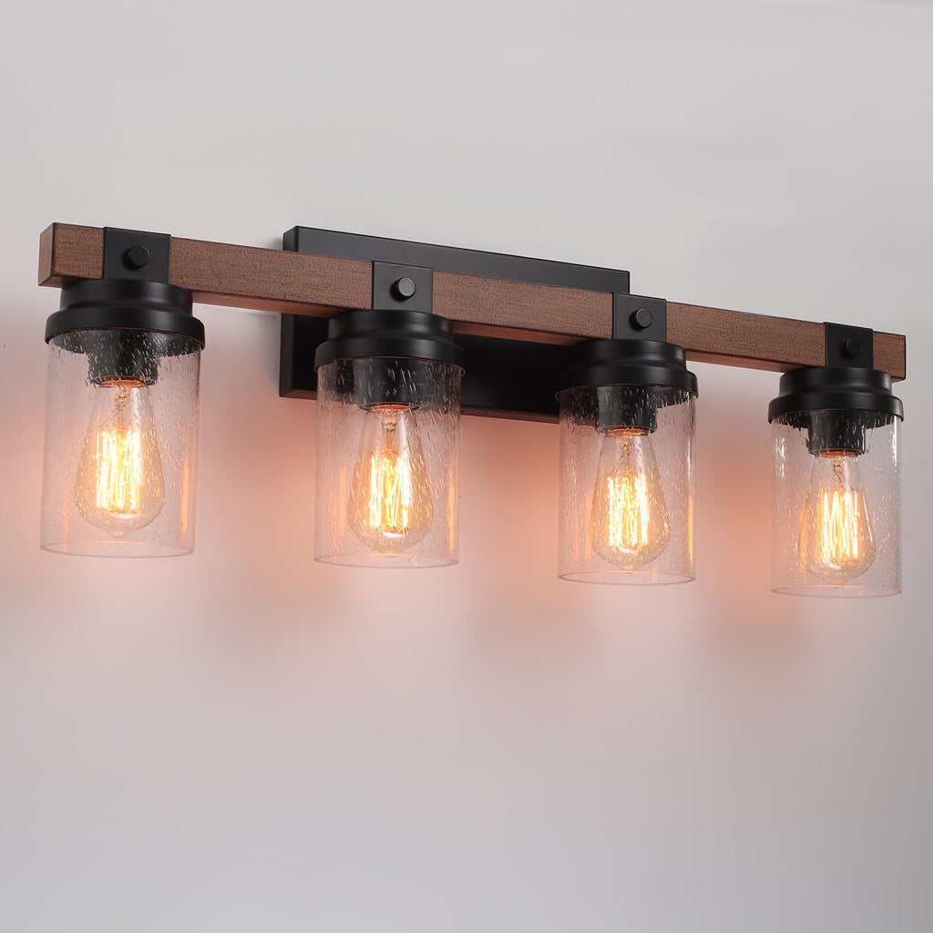 4-Lights Farmhouse Bathroom Vanity Light, Rustic Wood Bathroom Light Fixtures Over Mirror Antique Black Vanity Light with Clear Glass Shade, Farmhouse Wall Sconces Lighting
