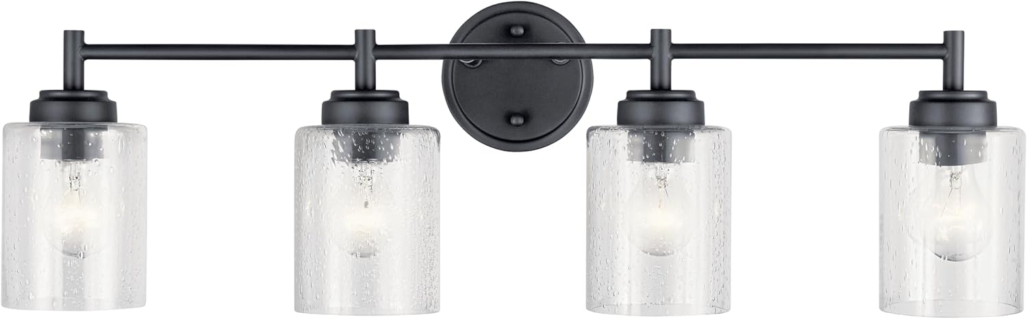 Kichler Winslow 30' 4-Light Bathroom Vanity Light Fixture with Clear Seeded Glass in Black, Modern Industrial Style for Bathroom and Powder Room, (30' x 9.25' x 6.5'), 45887BK
