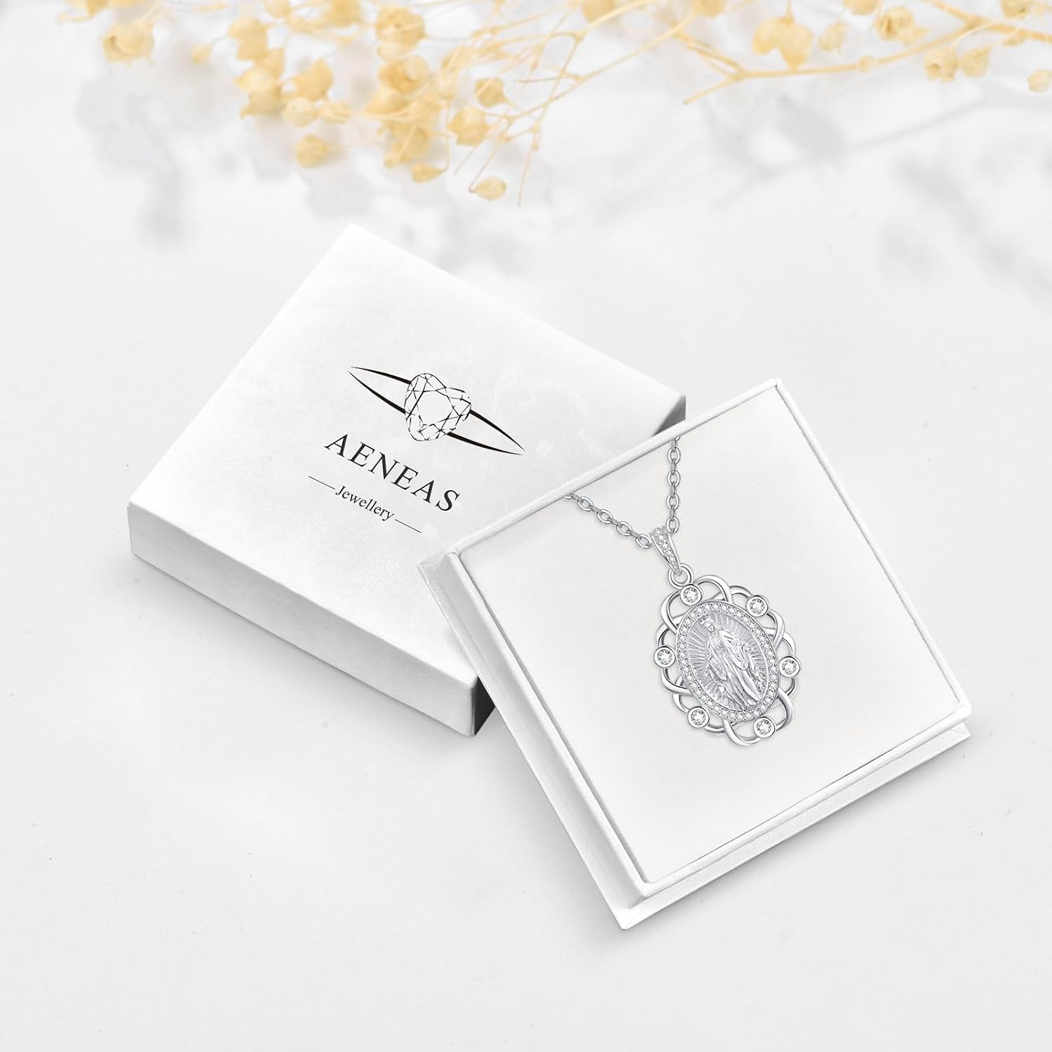 AENEAS 925 Sterling Silver Virgin Mary Necklace for Women, Lady of Guadalupe Virgin Mary Pendant Necklace, Miraculous Medal Religious Christian Jewelry Gift for Mom Wife Her Birthday Anniversary Special Occasions