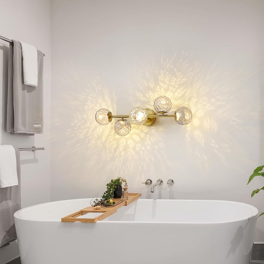LED Bathroom Vanity Light Fixtures: 3000K Modern Gold Brush Brass 5 Lights Wall Sconce - 20W Dimmable Midcentury Vanity Light with Hammered Clear Globe Bubble Glass Shade for Bathroom Hallway Bedroom