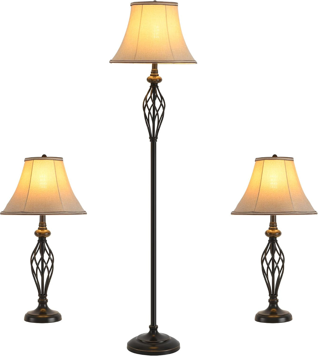 3 Pack Lamp Set, Living Room Lamp Set of 3, Floor and Table Lamp Set in Bronze Finish with Vintage Brown Fabric Shades for Bedroom Reading Family, Solid Iron