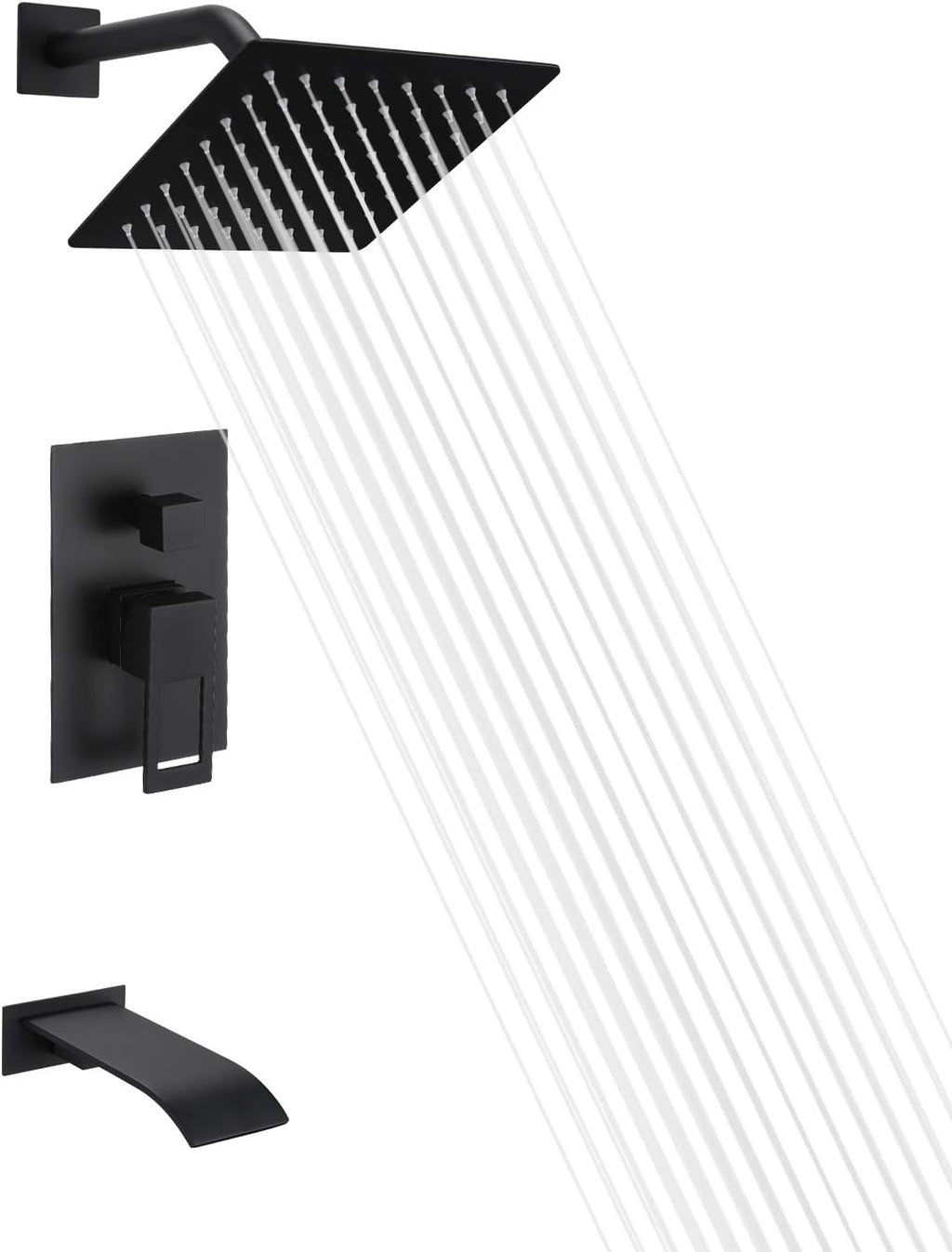 sumerain Black Tub and Shower Faucet Set with Anti-scalding Pressure Balance Valve, Waterfall Tub Spout and 8 Inch Rain Shower Head