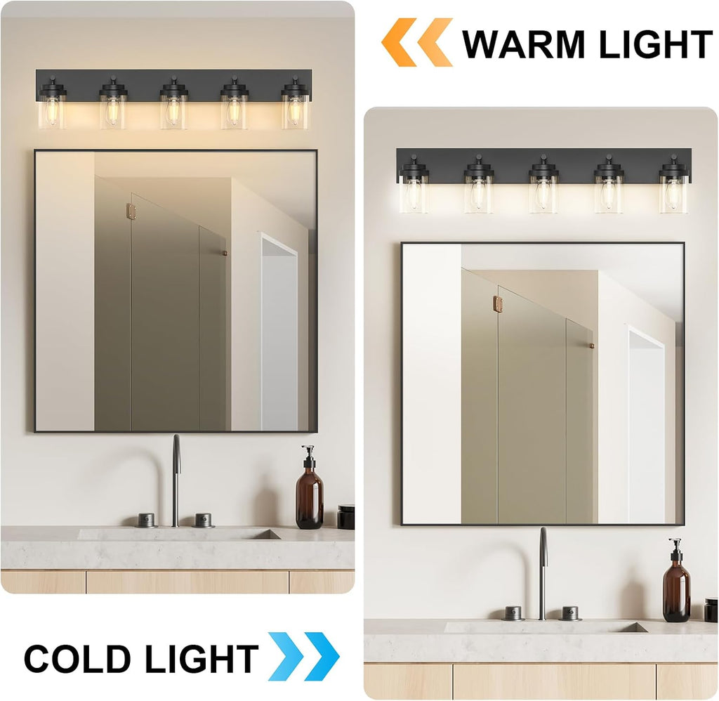 IZORRO Bathroom Vanity Light Fixture, 5-Light 36 Inch Matte Black Bathroom Light Fixtures Over Mirror, with Clear Glass Shade, Modern Farmhouse Vanity Lights, Rustic Restroom Lighting Fixtures