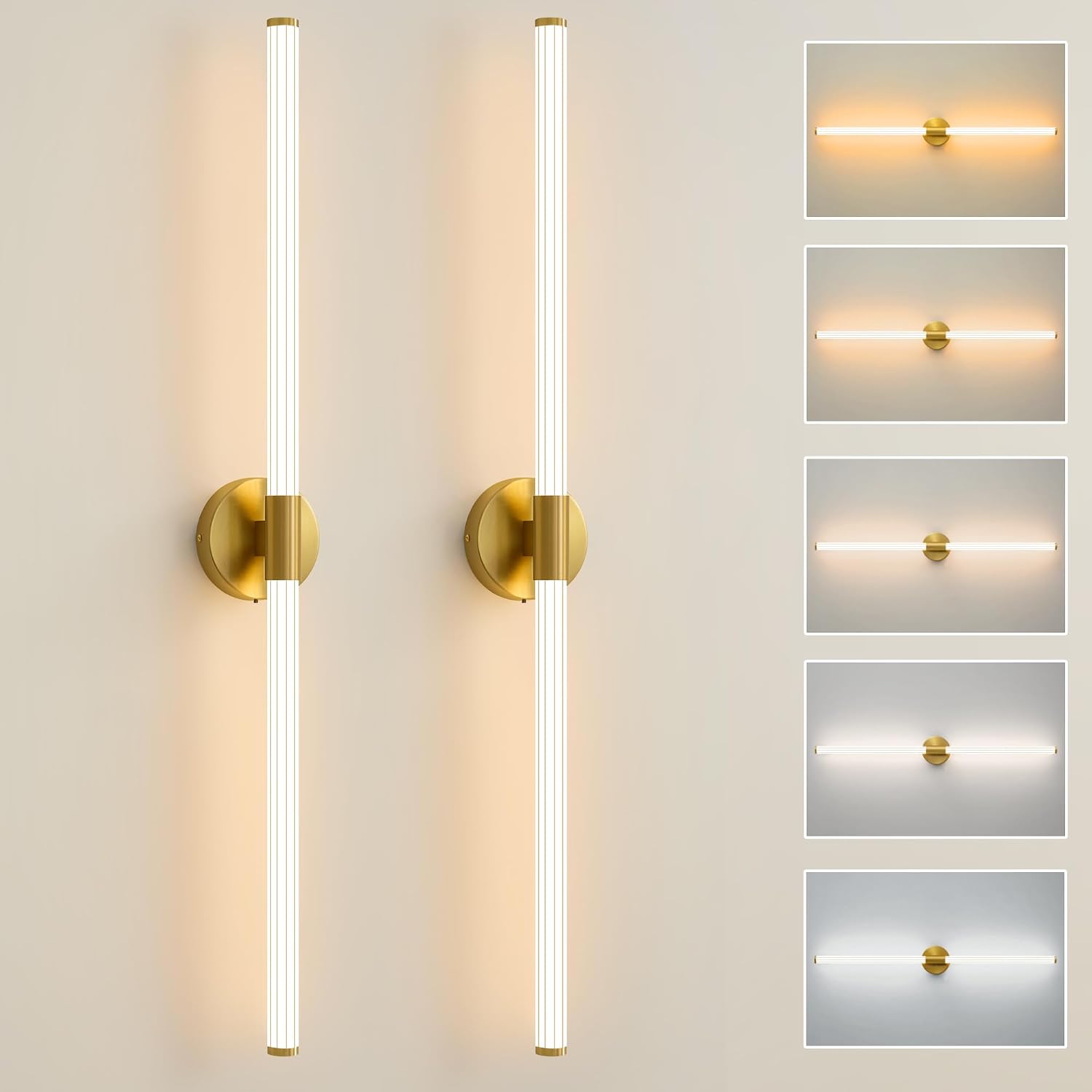 Glod Wall Sconces Set of 2 Hardwired, Dimmable 5CCT LED Bathroom Light Fixtures Over Mirror, 360° Full Lighting 39' Long Vanity Light Bar Modern Wall Sconce for Bathroom Bedroom Living Room