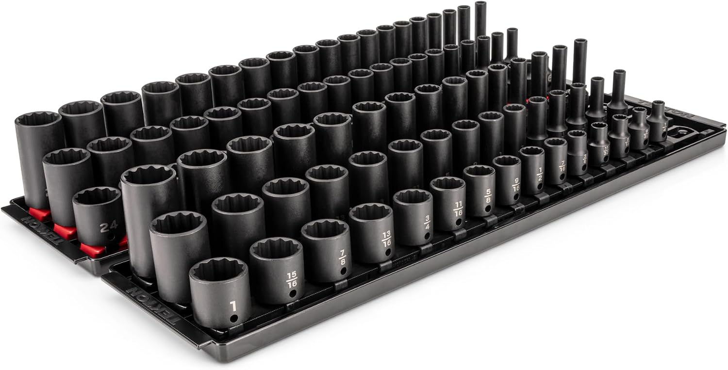 TEKTON 3/8 Inch Drive Shallow, Semi-Deep, and Deep 12-Point Impact Socket Set with Rails and Trays, 102-Piece (1/4-1 in., 6-24 mm) | SID91221