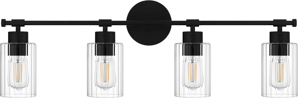 Quoizel Caputo Bath Vanity Lights, 32 Inch 4-Light Matte Black Lighting Fixtures Over Mirror, Clear Ribbed Glass, 100W, Modern Industrial Wall Mount Light for Bathroom, Dresser or Sink