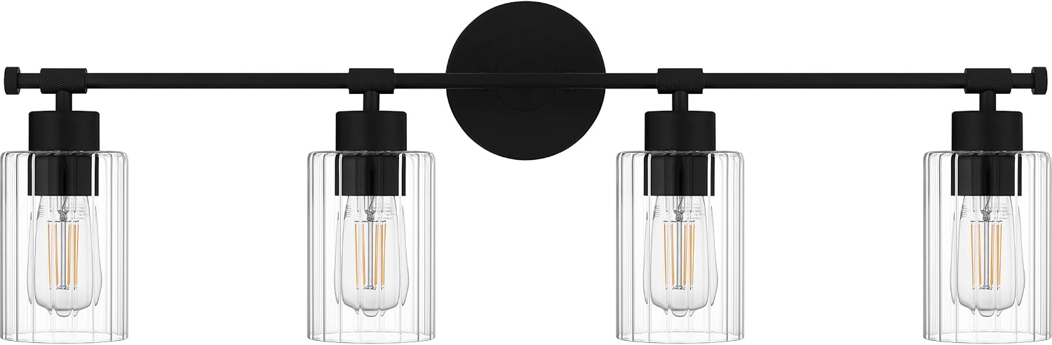 Quoizel Caputo Bath Vanity Lights, 32 Inch 4-Light Matte Black Lighting Fixtures Over Mirror, Clear Ribbed Glass, 100W, Modern Industrial Wall Mount Light for Bathroom, Dresser or Sink
