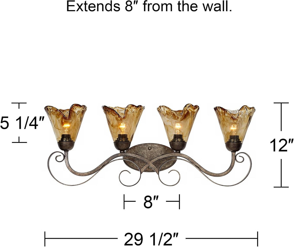 Franklin Iron Works Amber Scroll Rustic Vintage Wall Mount Light Golden Bronze Silver Metal 29 1/2' Wide 4-Light Vanity Fixture Organic Art Glass Shades Decor for Bathroom Over Mirror House Home