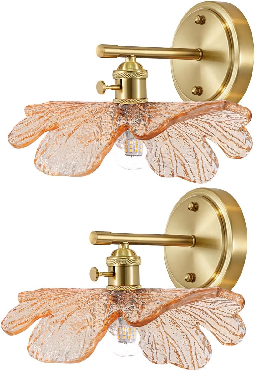 Unique Wall Light Set of 2 with Amber Glass Petals Over Mirror | Vintage Wall Sconce Set of 2 Bathroom Vanity Lights, flower Glass Shade ＆Gold Brass E26 Base, Easy to install, For Hallway