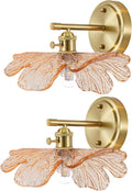 Unique Wall Light Set of 2 with Amber Glass Petals Over Mirror | Vintage Wall Sconce Set of 2 Bathroom Vanity Lights, flower Glass Shade ＆Gold Brass E26 Base, Easy to install, For Hallway