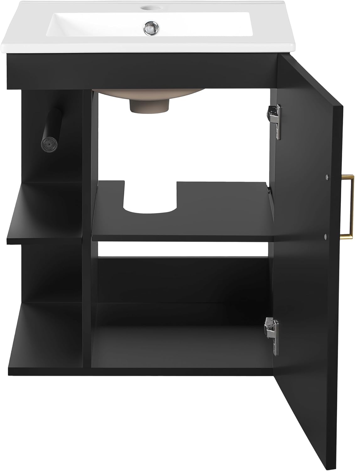 20 Inch Wall Mounted Bathroom Vanity with Sink Top,Small Floating Bathroom Vanity with Side Shelves & Toilet Paper Holder,Compact Storage with Soft Closing Door,Herringbone Front,Black