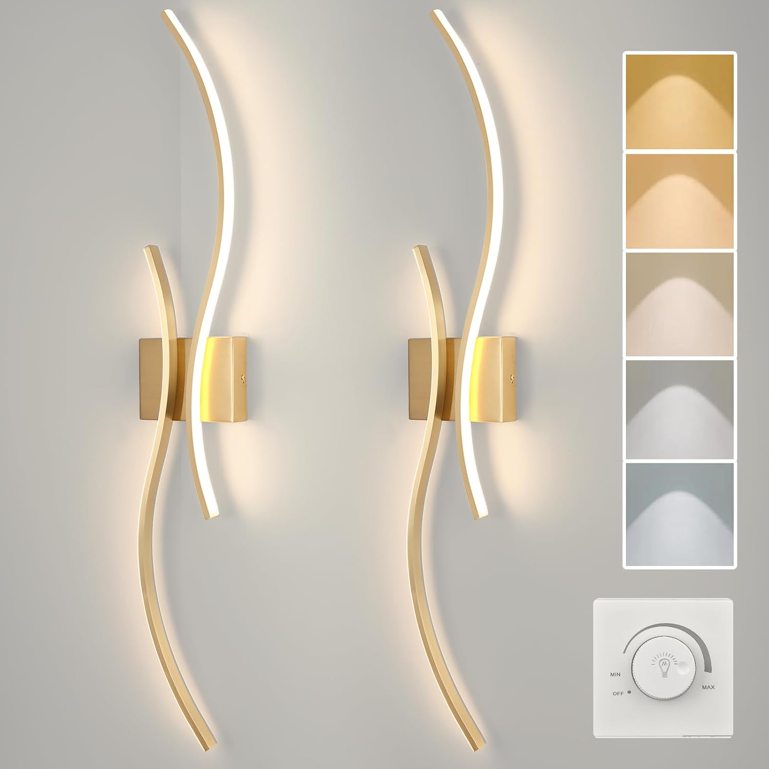 CANEOE Modern Wall Sconce Set of, 5CCT Dimmable Indoor Led Wall Sconce Lighting Set of 2, 31.5 Inch Wall Light Fixtures, Gold Led Wall Lamps for Living Room Bedroom Bathroom Hallway