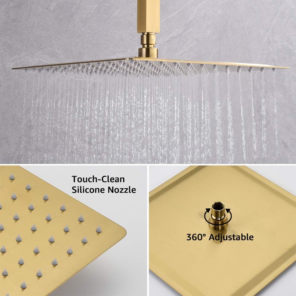 Iriber Brushed Gold Ceiling Mount Rain Shower System with 12 Inch Shower Head and Handheld Bathroom Golden Shower Set Contain Shower Faucet Mixer Trim Kit (Valve Cartridge Included)