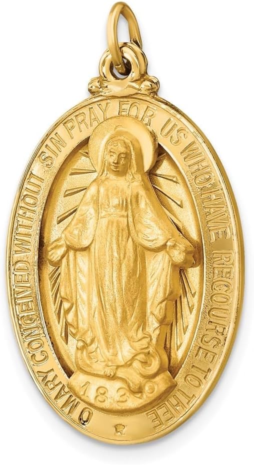Diamond2Deal 14k Yellow Gold Satin Large 3-D Oval Miraculous Medal Pendant (L- 32 mm W- 18 mm)