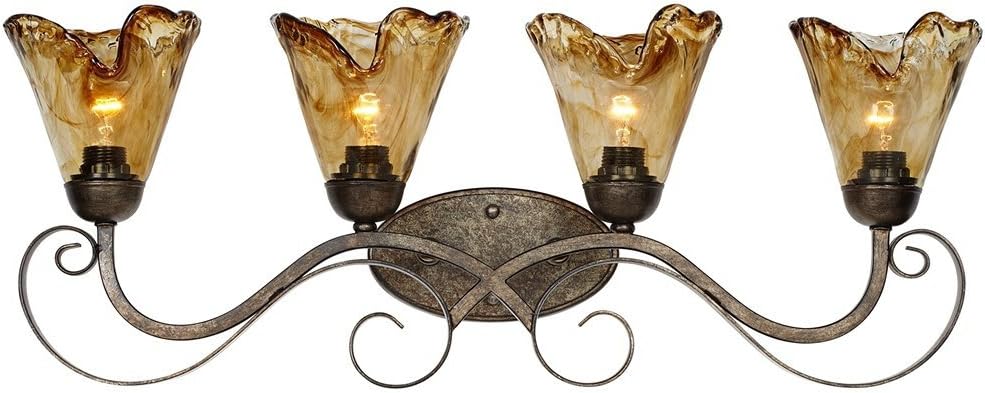 Franklin Iron Works Amber Scroll Rustic Vintage Wall Mount Light Golden Bronze Silver Metal 29 1/2' Wide 4-Light Vanity Fixture Organic Art Glass Shades Decor for Bathroom Over Mirror House Home
