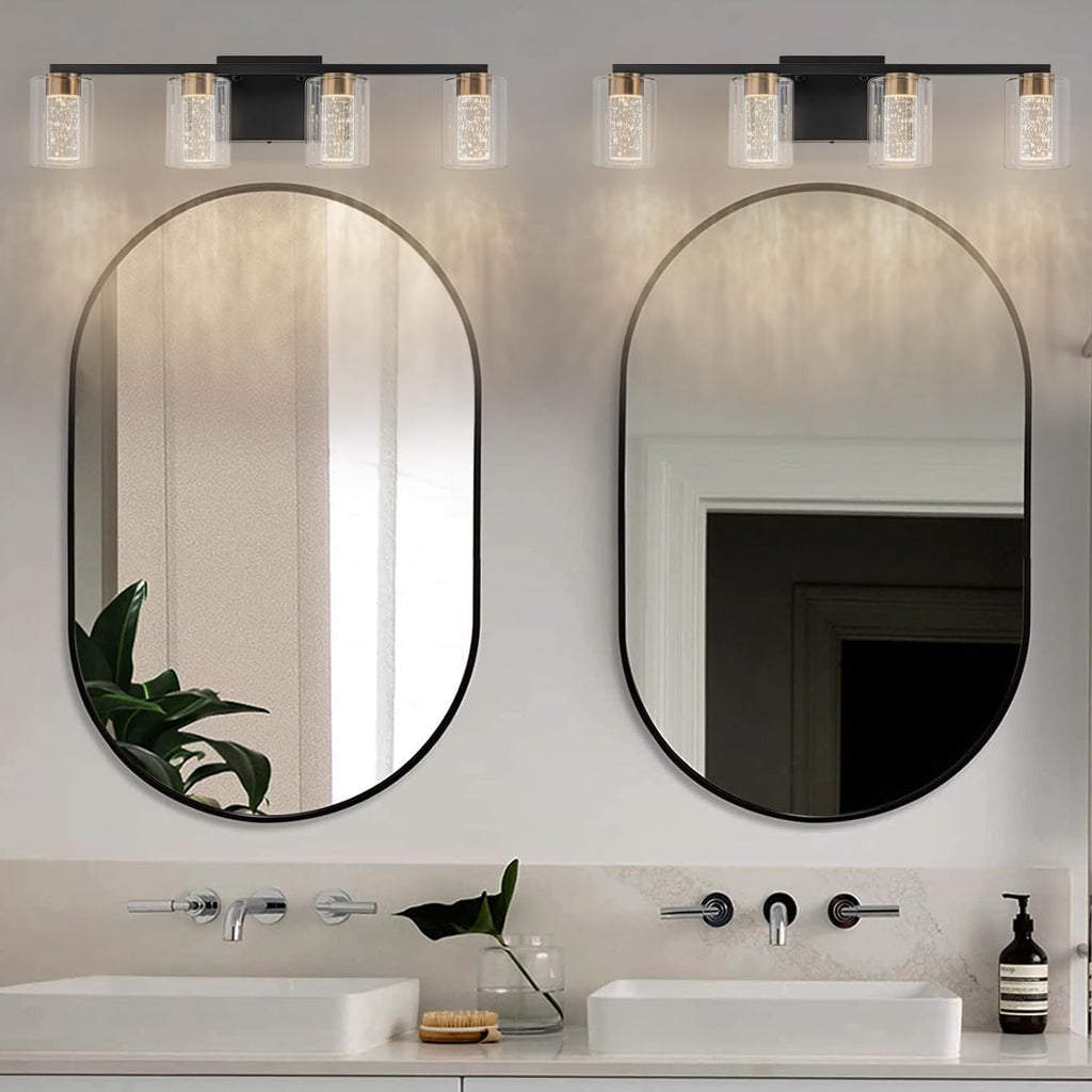 SineRise 4-Light Black and Gold Vanity Light with 3 Color Modes (3000K/4000K/6000K), Eye Protection LED Bathroom Light Fixture, Dimmable Modern Wall Light Over Mirror with Clear Glass Shade