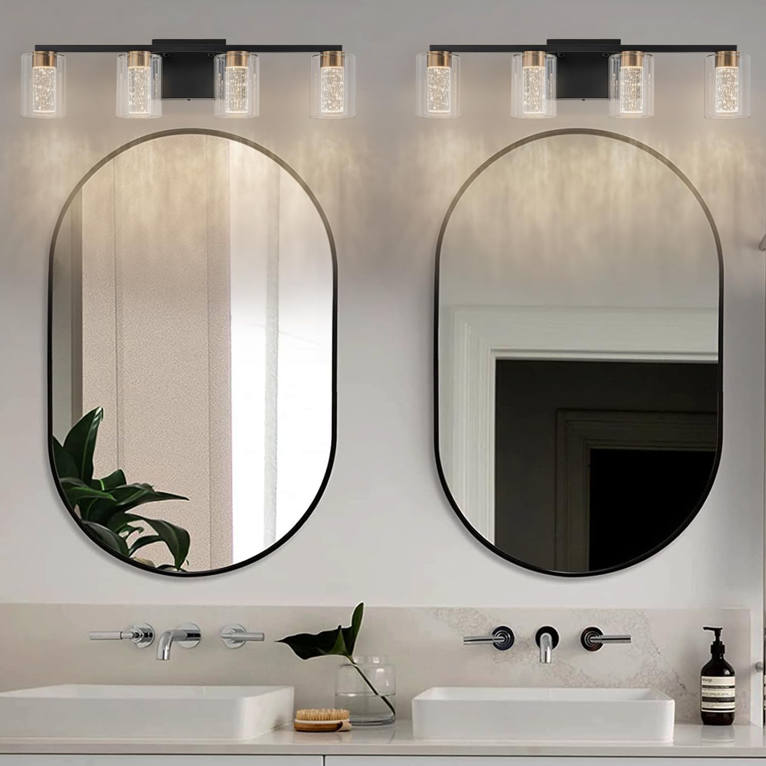 SineRise 4-Light Black and Gold Vanity Light with 3 Color Modes (3000K/4000K/6000K), Eye Protection LED Bathroom Light Fixture, Dimmable Modern Wall Light Over Mirror with Clear Glass Shade