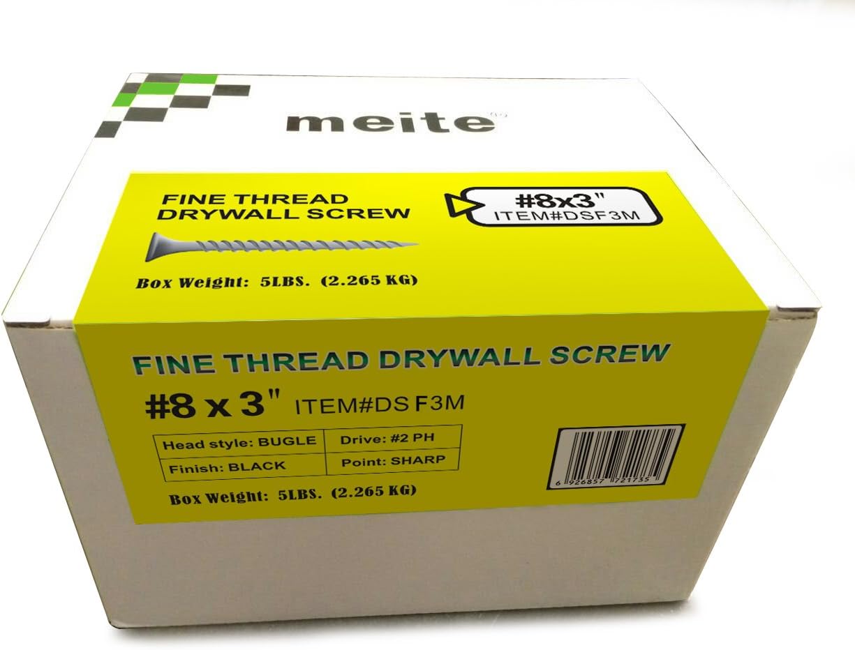 meite 3-Inch #8 Fine Thread Drywall Screw with Bugle Head, 5 Pounds Black #DSF3M (1 Box)