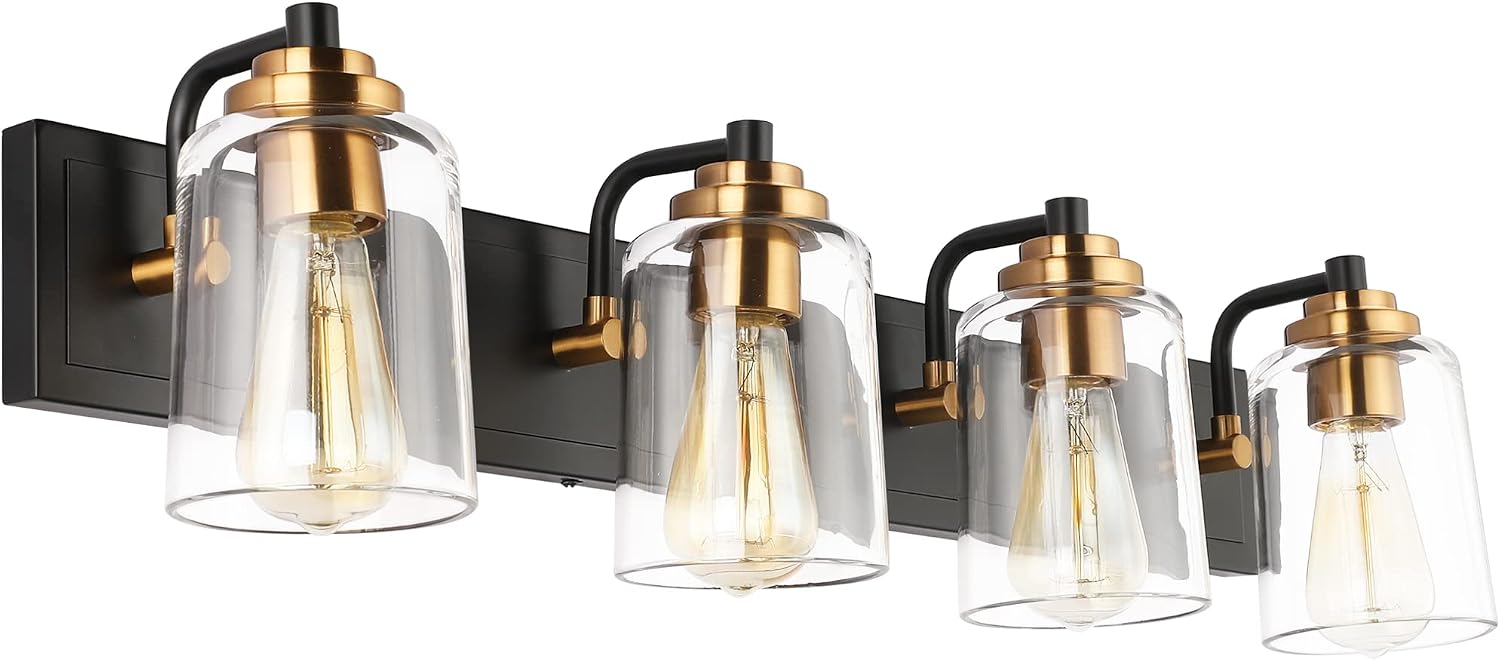SOLFART Vintage Vanity Lighting Fixtures for Bathroom 4 Light Bathroom Vanity Light Black Brass Wall Light Sconce Light Black with Brass Light for Bath