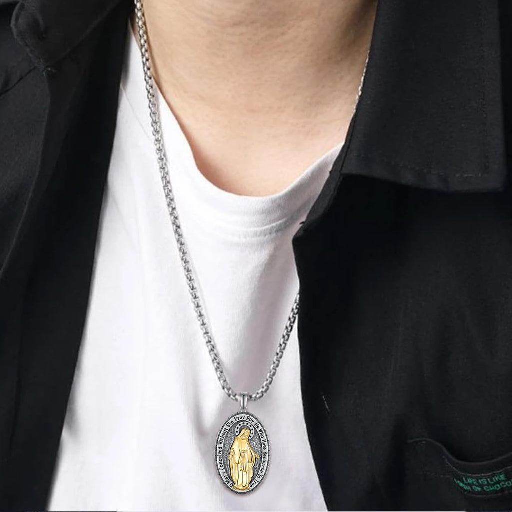 Virgin Mary Necklace for Men 925 Sterling Silver Plated 14K Yellow Gold Miraculous Medal Pendant Necklace Jewelry Gifts for Men Women 22' to 24' Chain