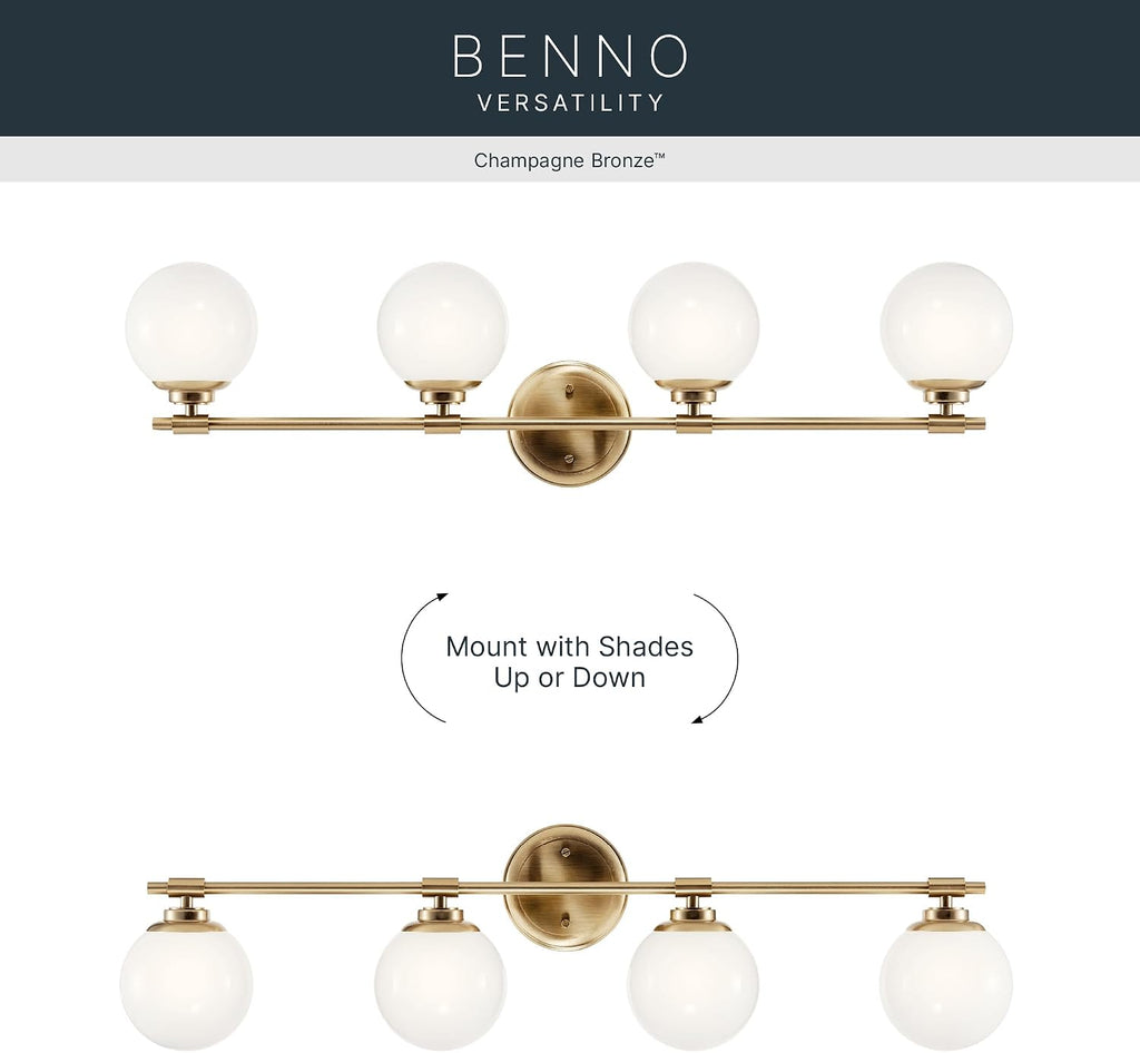 Kichler Benno 4-Light Bathroom Vanity Light Fixture with Opal Glass in Champagne Bronze, Modern Wall Mount Over Mirror for Bathroom or Powder Room (8.75' x 34'), 55173CPZ