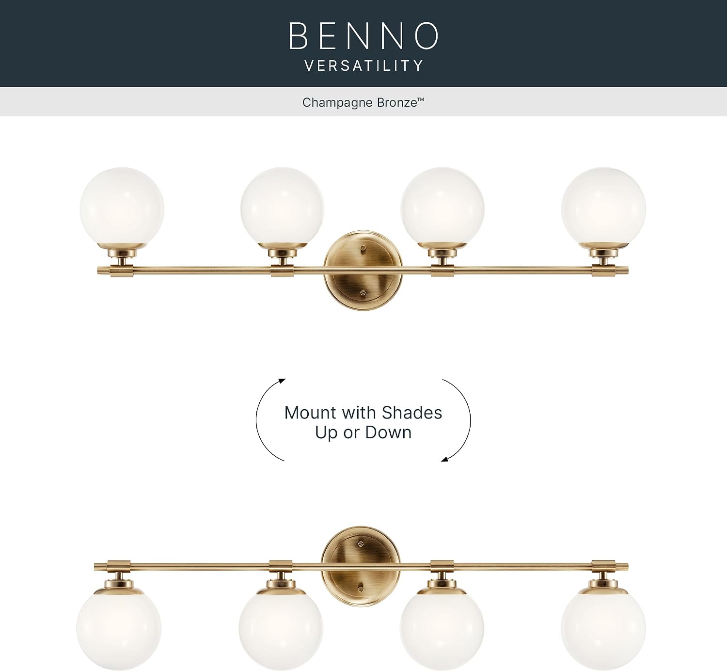 Kichler Benno 4-Light Bathroom Vanity Light Fixture with Opal Glass in Champagne Bronze, Modern Wall Mount Over Mirror for Bathroom or Powder Room (8.75' x 34'), 55173CPZ