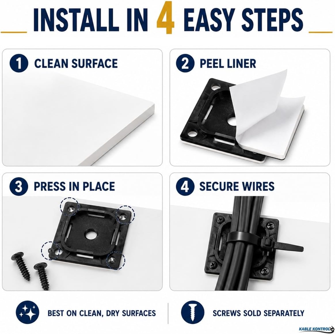 Kable Kontrol Zip Tie Mounts, 1-1/2' Sq, Black, 2500 Pcs Bulk Pack, Adhesive Backed Multi-Purpose UV-Resistant Mounting Squares Nylon Cable Tie Wrap Anchor Pads for Cable Management