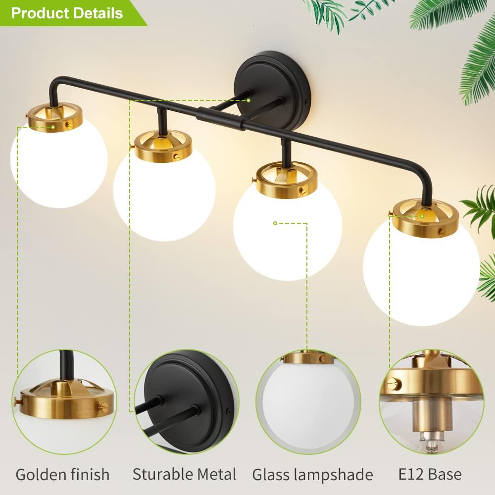 Black Gold Bathroom Light Fixtures Above Mirror, Modern Vanity Lighting with White Glass Globe Shade 4-Light Farmhouse Wall Sconce