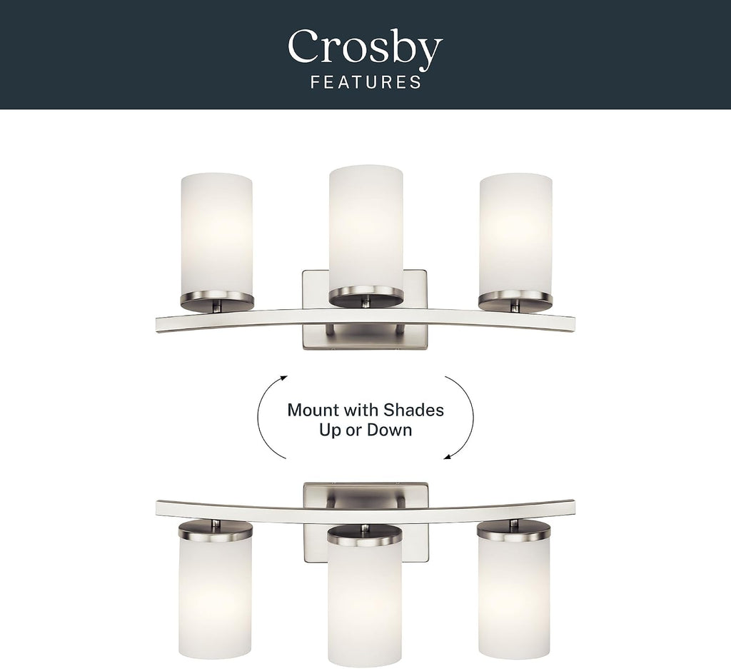 Kichler Crosby 23' Vanity Light in Brushed Nickel, 3-Light Contemporary Bathroom Light with Satin Etched Cased Opal Glass, (23' L x 8.75' H), 45497NI