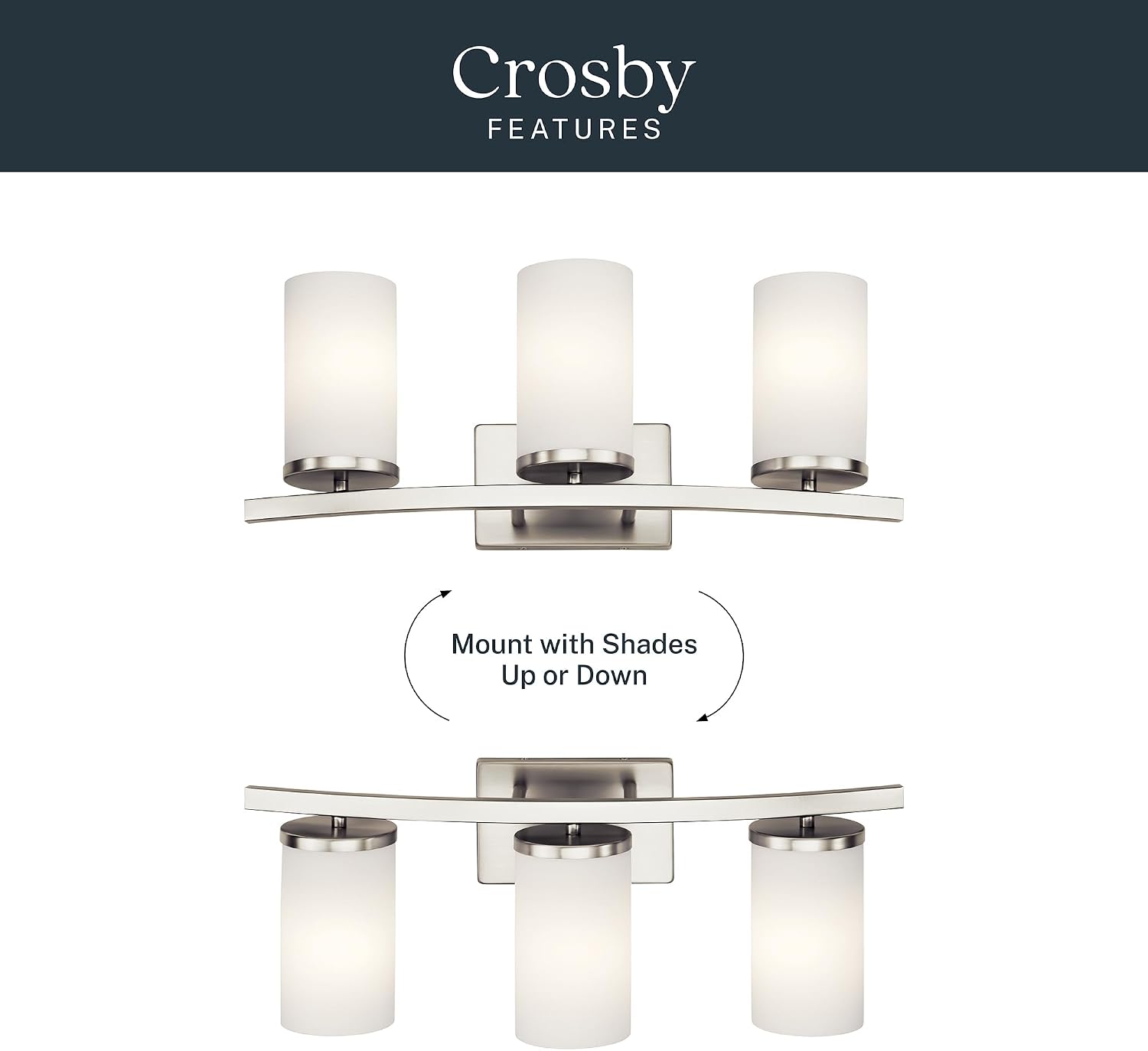 Kichler Crosby 23' Vanity Light in Brushed Nickel, 3-Light Contemporary Bathroom Light with Satin Etched Cased Opal Glass, (23' L x 8.75' H), 45497NI