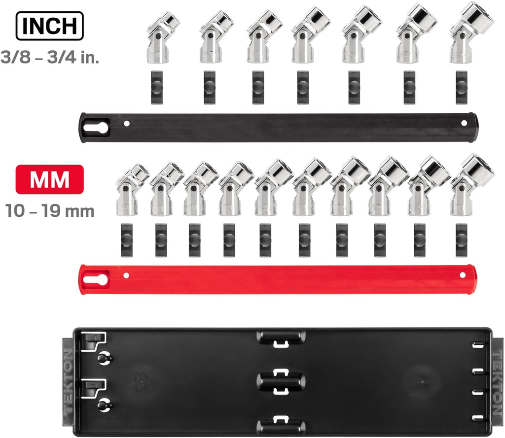 TEKTON 3/8 Inch Drive Shallow 6-Point Universal Joint Socket Set with Rails and Tray, 17-Piece (3/8-3/4 in., 10-19 mm) | SHD91217