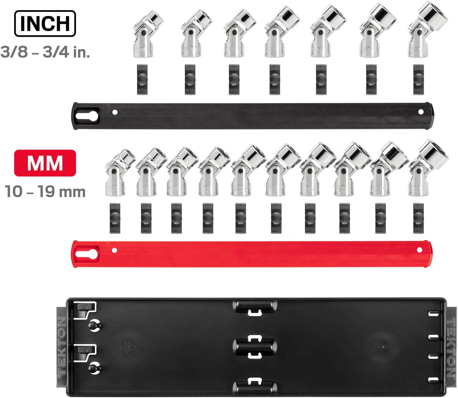 TEKTON 3/8 Inch Drive Shallow 6-Point Universal Joint Socket Set with Rails and Tray, 17-Piece (3/8-3/4 in., 10-19 mm) | SHD91217