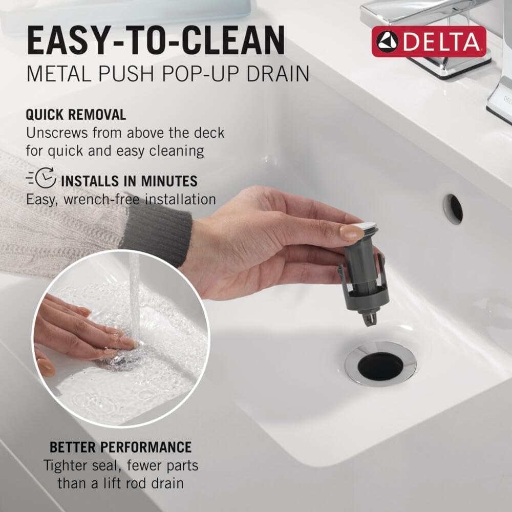 Delta Albion Chrome Bathroom Faucet 1 Hole, Single Hole Bathroom Sink Faucet for Vanity, Metal Push-Pop Drain Assembly, Chrome 15855LF