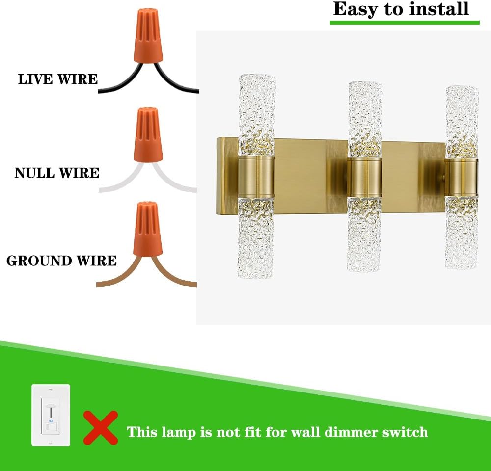 Gold Bathroom Light Fixture, Modern Brushed Vanity Light with Crystal, 6 Light Bathroom Vanity Light Fixtures Over Mirror, 27w LED Hardwired Wall Sconce, Warm White
