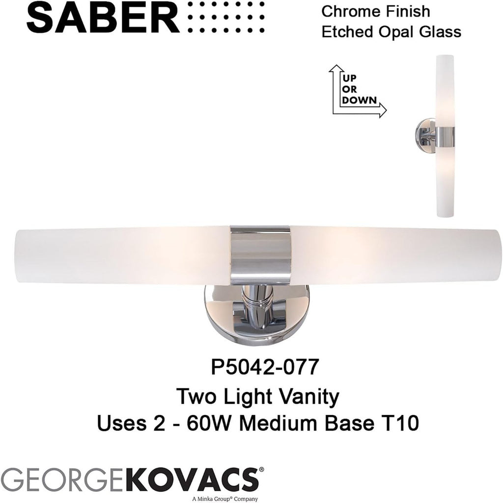 GEORGE KOVACS P5042-077 Saber Vanity Bath Light, 2-Light, 120 Total Watts, 4.75-in H x 20-in W, Chrome