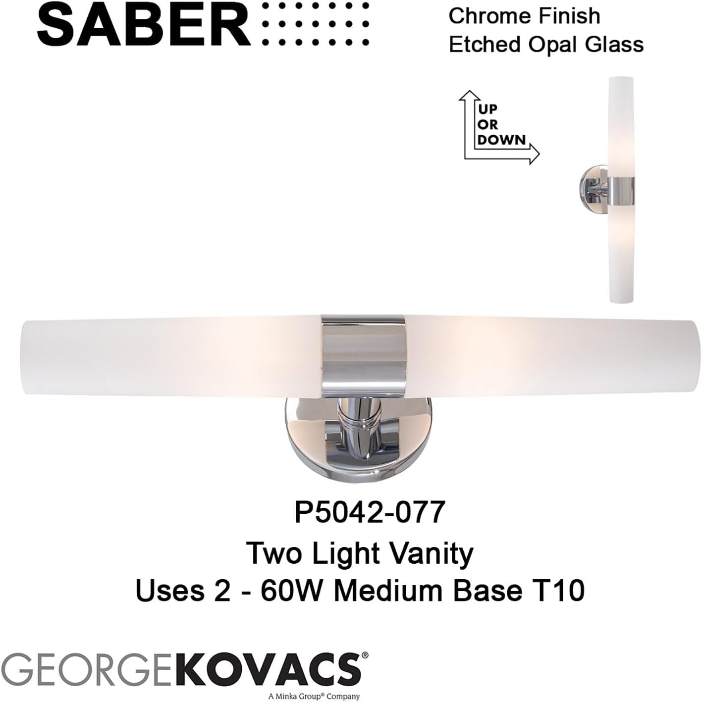 GEORGE KOVACS P5042-077 Saber Vanity Bath Light, 2-Light, 120 Total Watts, 4.75-in H x 20-in W, Chrome