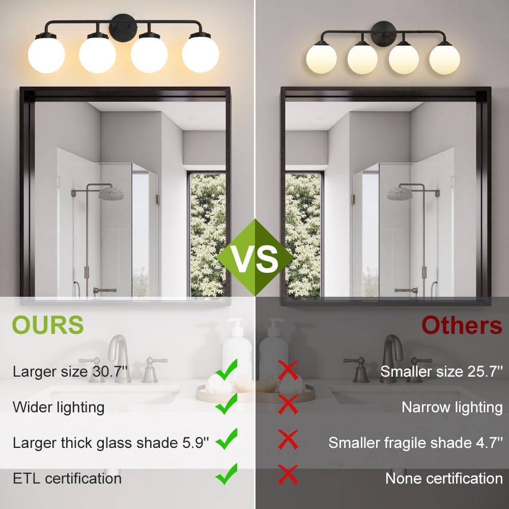 Bathroom Light Fixtures Over Mirror, 4-Light Matte Black Vanity Lighting with Milk White Glass Globe Shades Modern Wall Sconce