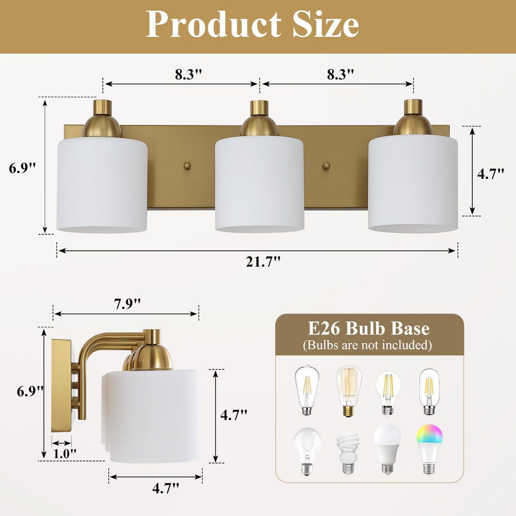 Mecgirn Stainless Steel Milk Glass Vanity Lights for Bathroom, 3 Light Gold Bathroom Light Fixtures Over Mirror, Ceramic E26 Sockets Wall Mounted