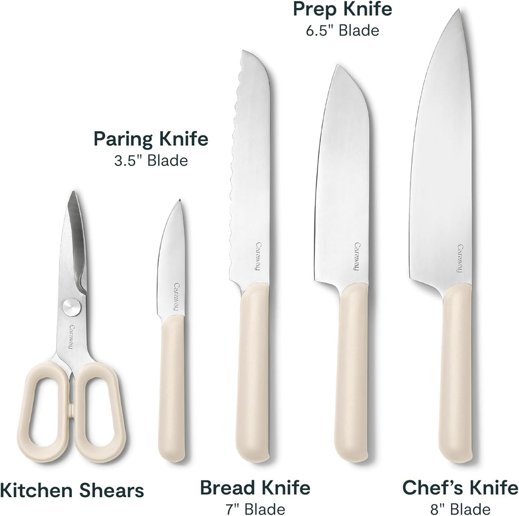 Caraway 5 Piece Knife Set - Premium German Steel Blade Kitchen Knives - Ergonomic Handles - No Microplastics - Cream