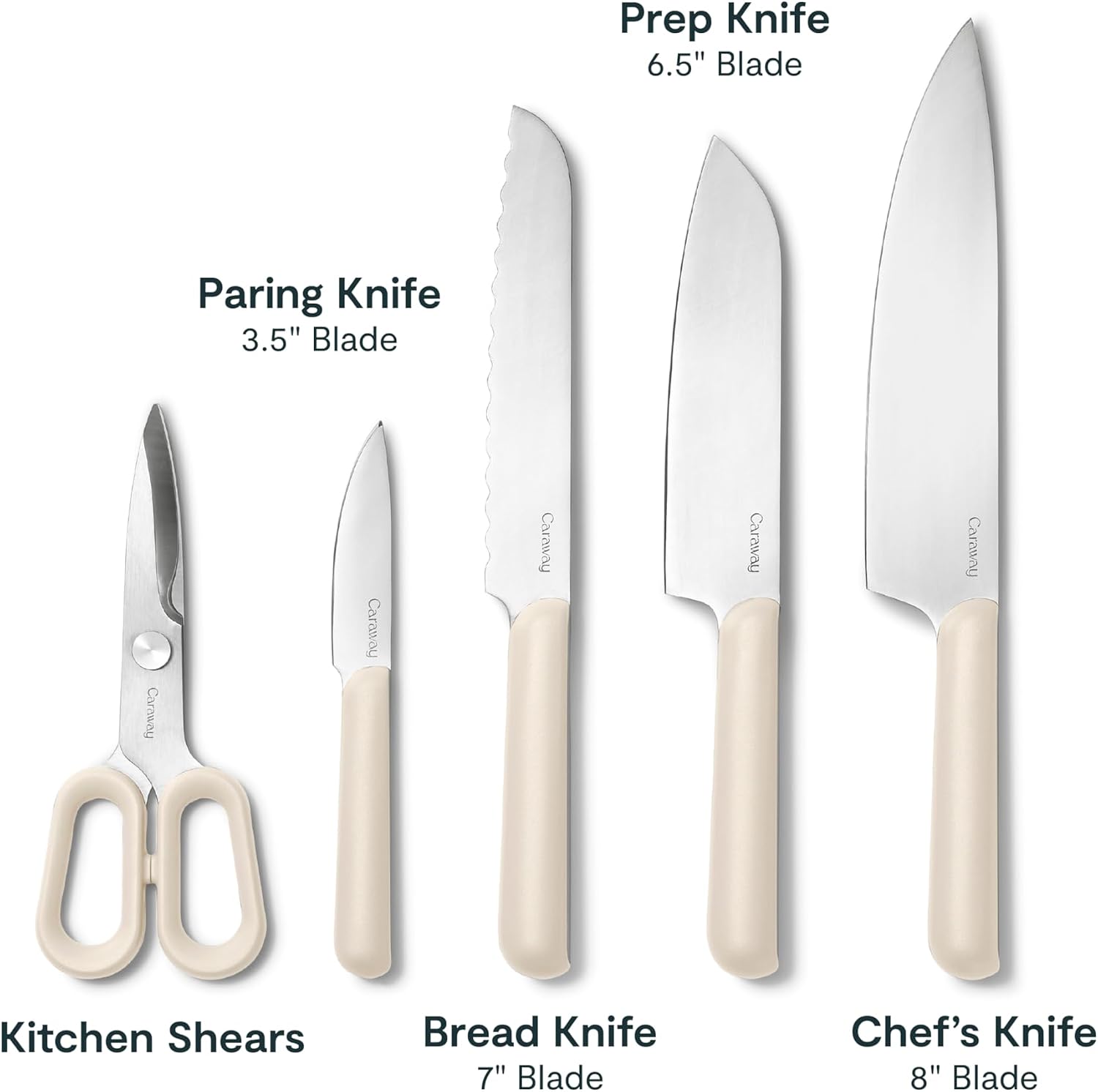 Caraway 5 Piece Knife Set - Premium German Steel Blade Kitchen Knives - Ergonomic Handles - No Microplastics - Cream