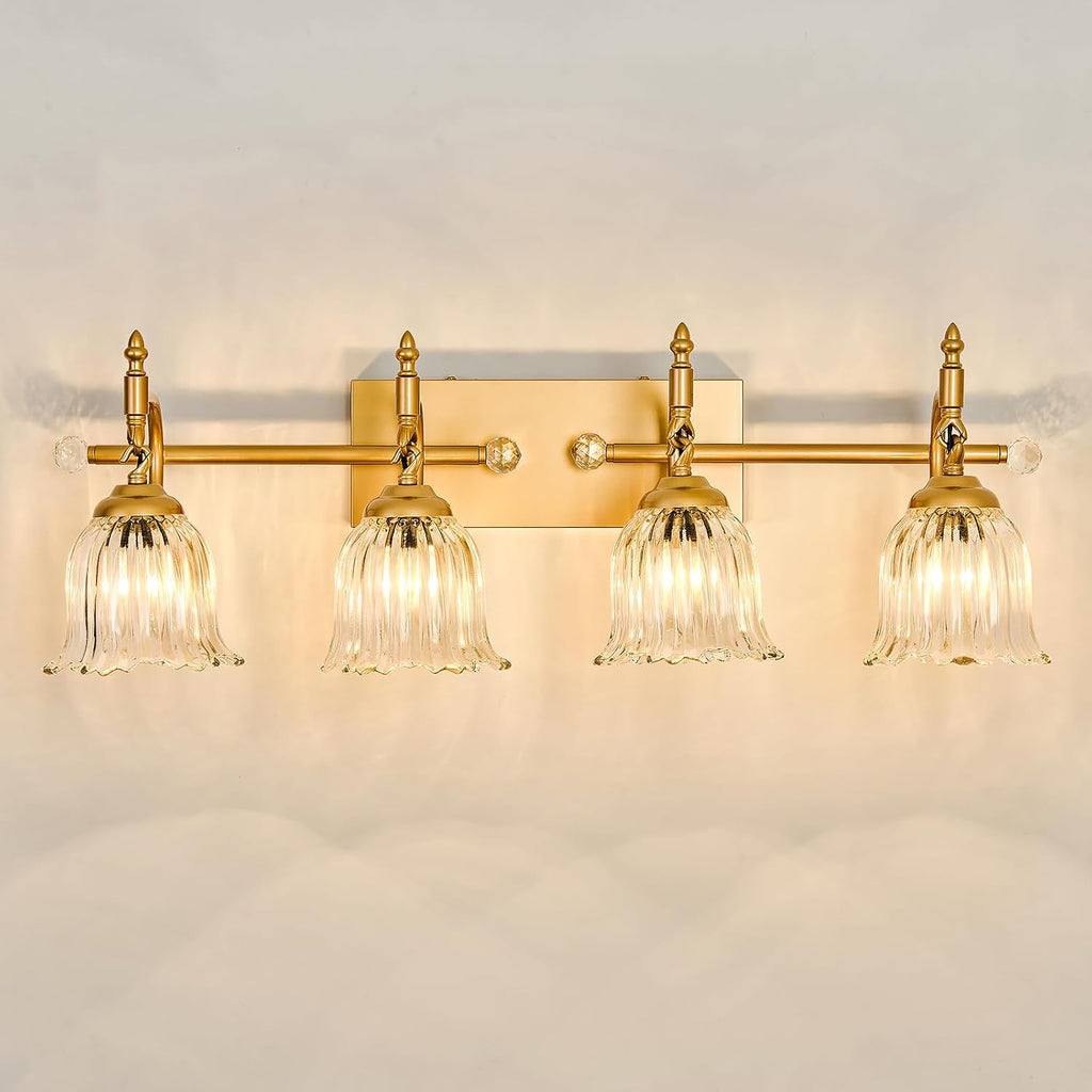 CVKASH 4-Light Bathroom Vanity Light Fixtures Over Mirror,Brushed Gold Modern Vanity Lights with Glass Shade Vintage Wall Sconce for Bedroom Dressing Room Living Room Hallway Cabinet