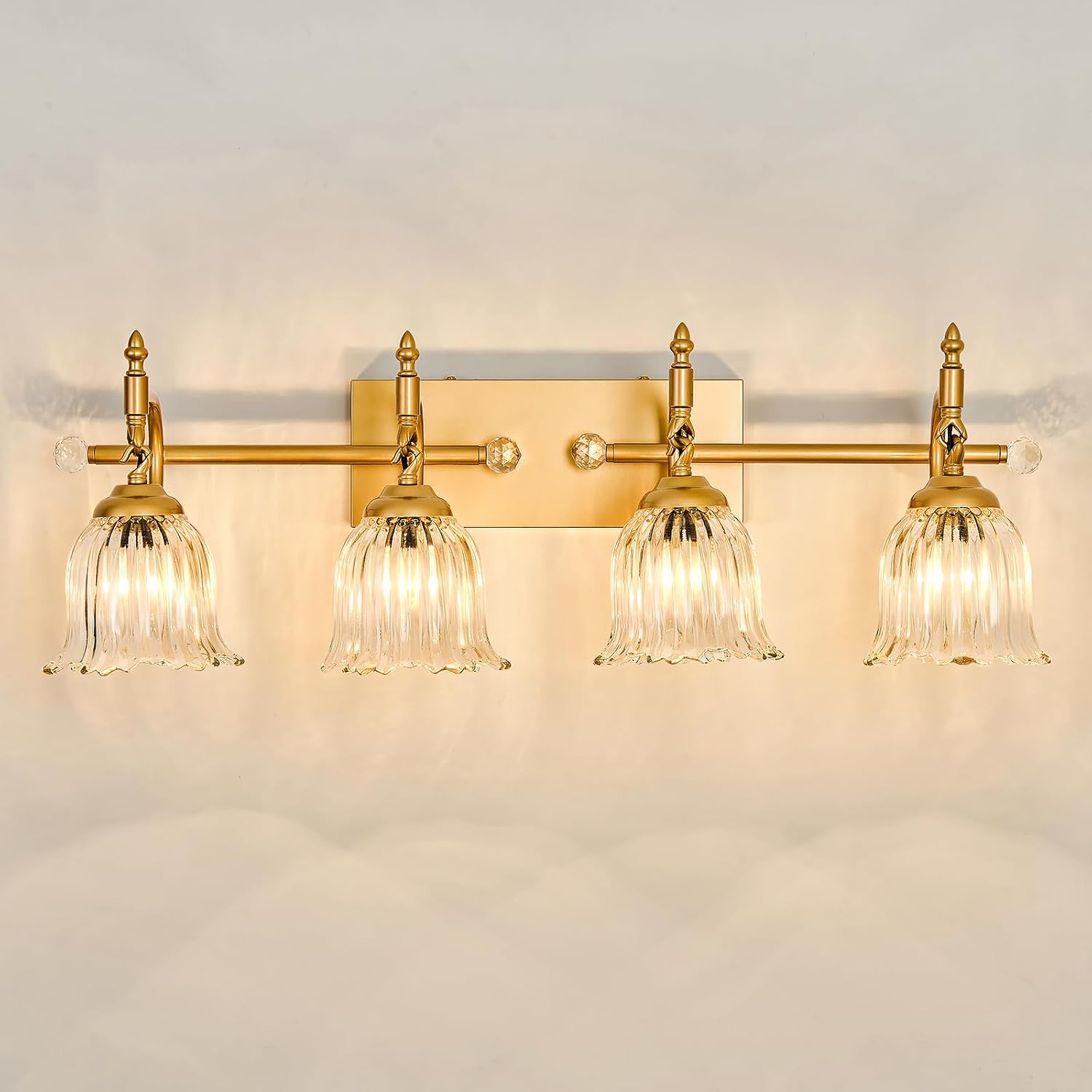 CVKASH 4-Light Bathroom Vanity Light Fixtures Over Mirror,Brushed Gold Modern Vanity Lights with Glass Shade Vintage Wall Sconce for Bedroom Dressing Room Living Room Hallway Cabinet