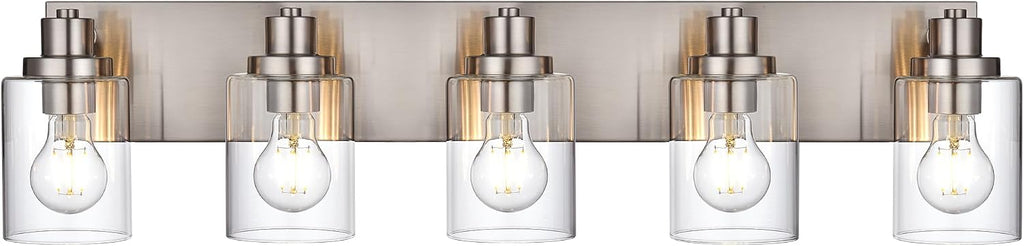 5 Light Brushed Nickel Vanity Lights Bathroom Lighting Fixtures Over Mirror, Modern Bathroom Lights with Clear Glass Shade, Farmhouse Vanity Wall Sconces Lighting for Bedroom Living Room