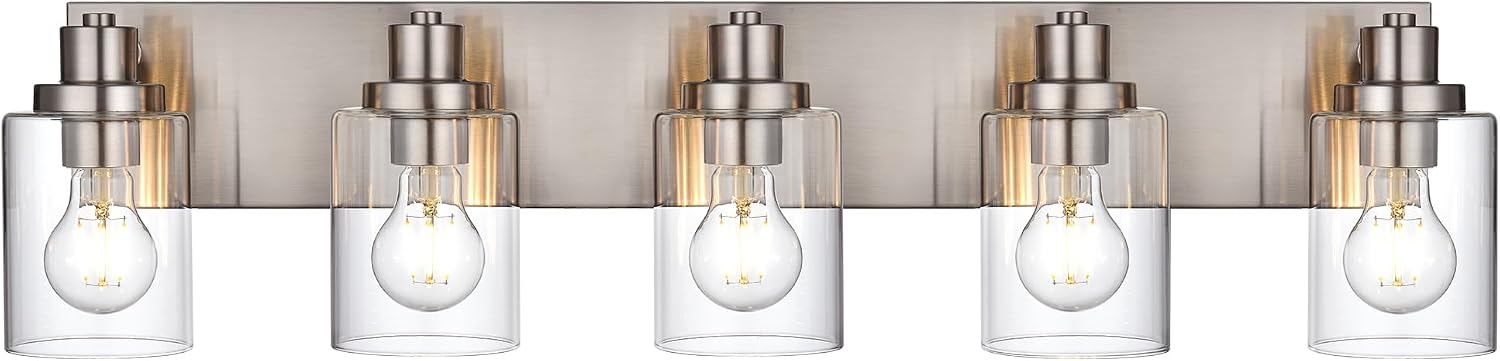 5 Light Brushed Nickel Vanity Lights Bathroom Lighting Fixtures Over Mirror, Modern Bathroom Lights with Clear Glass Shade, Farmhouse Vanity Wall Sconces Lighting for Bedroom Living Room