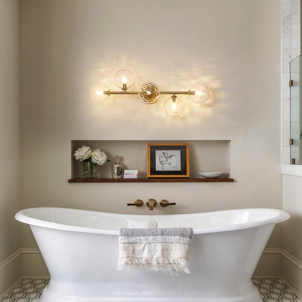 Bathroom Vanity Mirror Light Fixtures: Dimmable 5 Lights Bath Wall Sconce Lighting - Brass Gold Vanity Lights with Hammered Clear Glass Shade - Modern Minimalist Makeup Light Above Mirror G9 Base