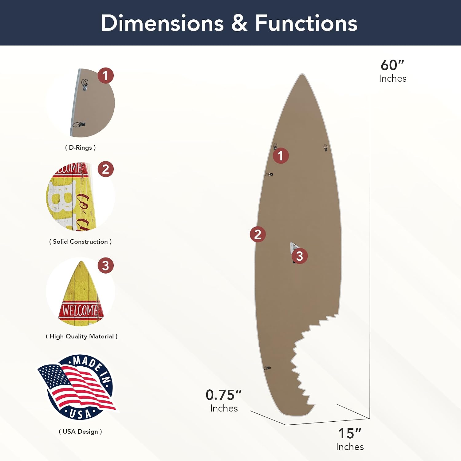 American Art Decor Welcome to the Beach House Shark Bite Wood Surfboard Plaque Wall Art Indoor Decor Sign Beach Themed Plank for Tiki Bar, Bedroom, Living Room, Garage, Man Cave, 60'x15'