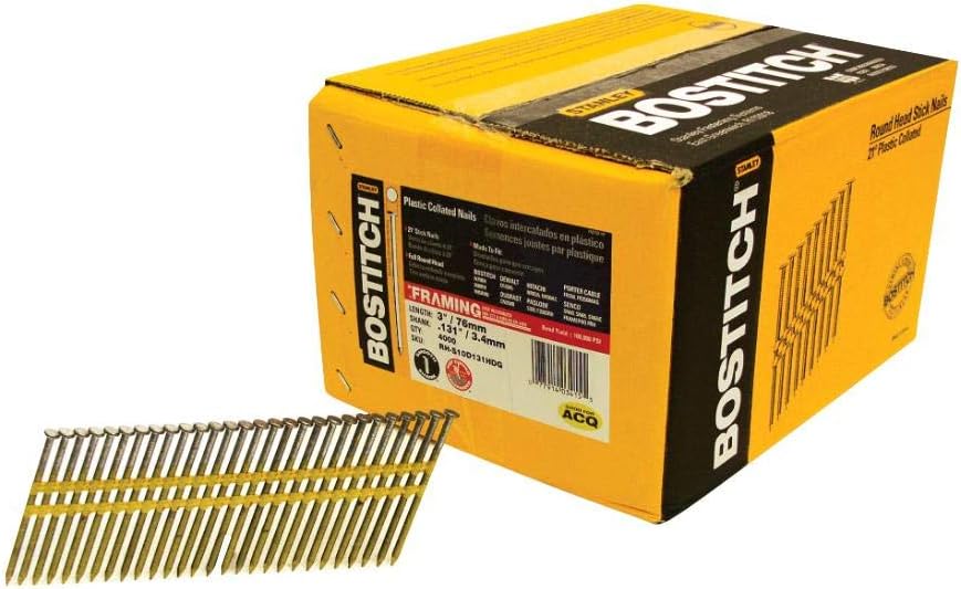 BOSTITCH RH-S10D131HDG Round Head 3-Inch by .131-Inch by 21 Degree Plastic Collated Galvanized Framing Nail (4,000 per Box)